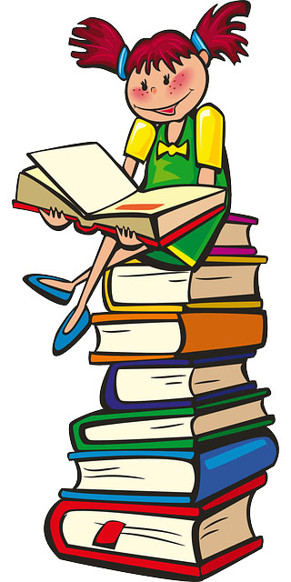 Cartoon picture of a girl sitting on a pile of books reading