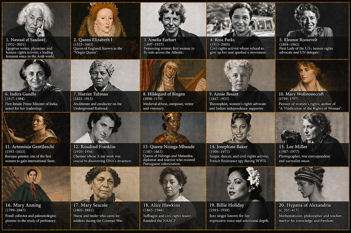 20 women from history pictured with their names and dates